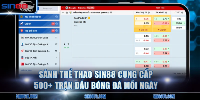Sảnh thể thao SIN88 cung cấp 500+ trận đấu bóng đá mỗi ngày